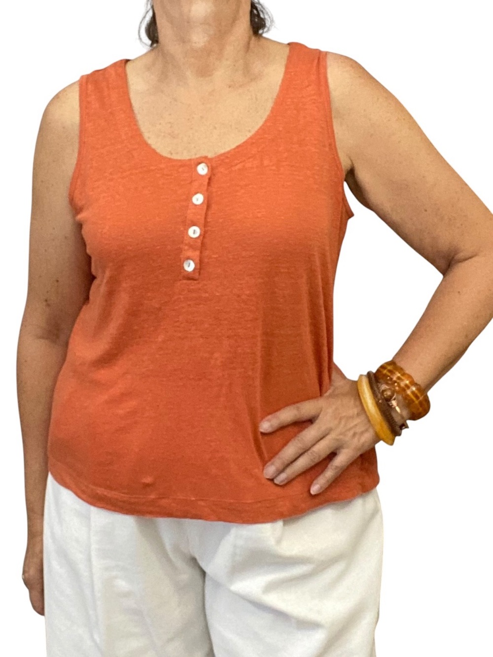 100% Linen Jersey Sleeveless Terracotta Henley Tank Top Size M